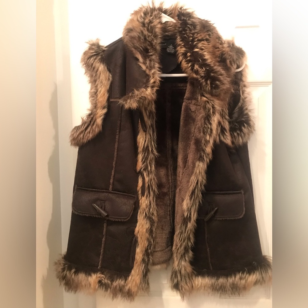 Faux Fur Faux Leather Vest in Dark Brown. Horned Tooth Buttons, Leather Trim